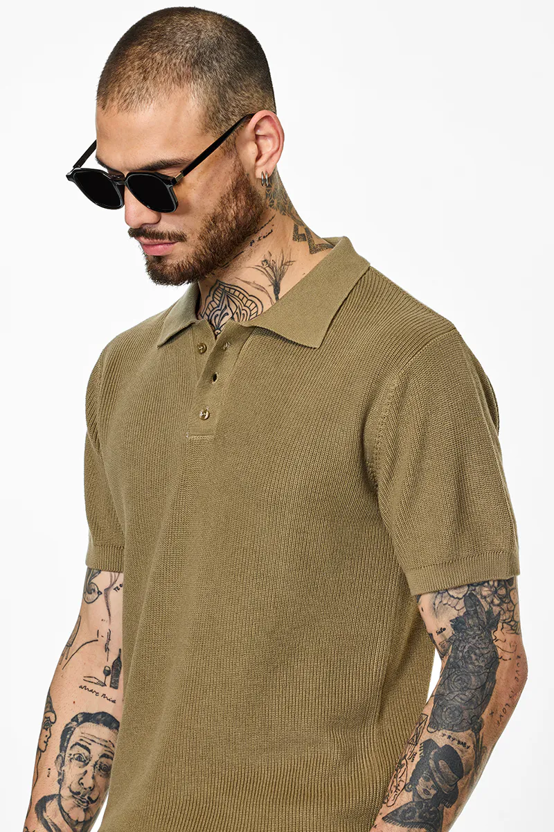 Slim Fit Polo T-Shirt – Textured Olive Brown - view 2