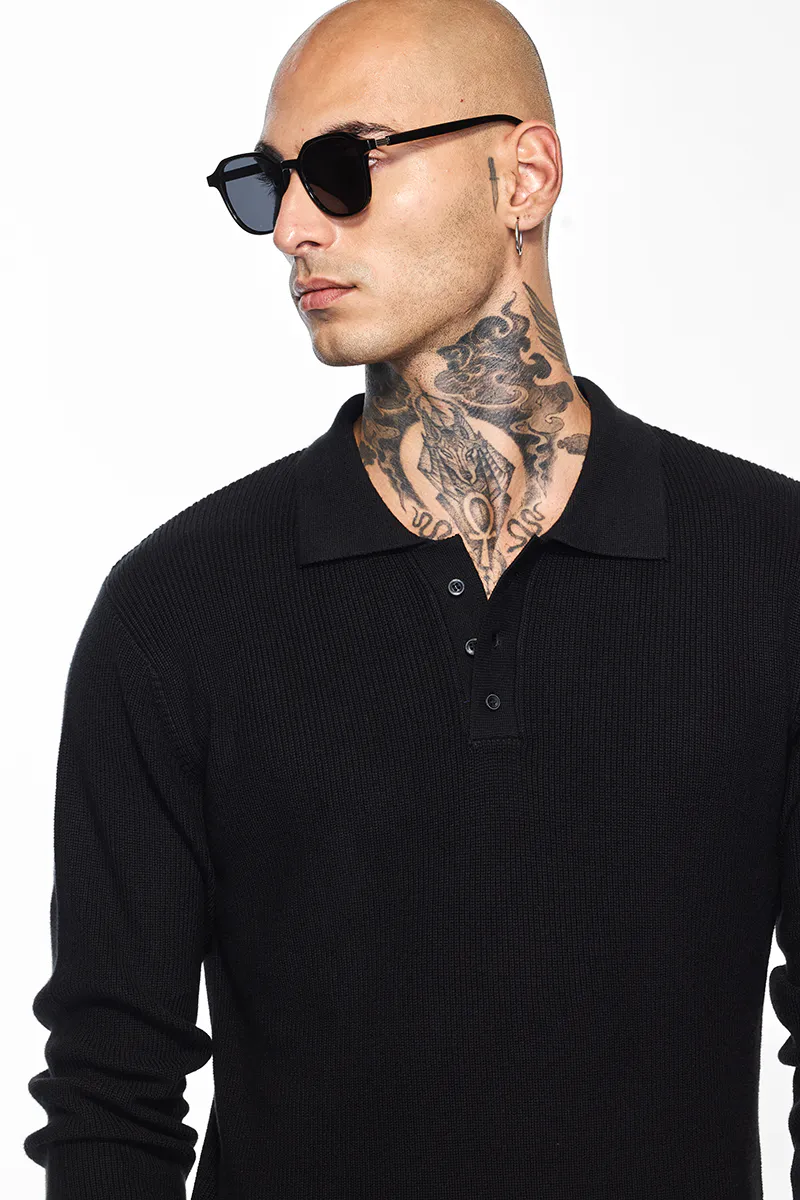 Slim Fit Knit Polo – Black Textured Long Sleeve - view 2