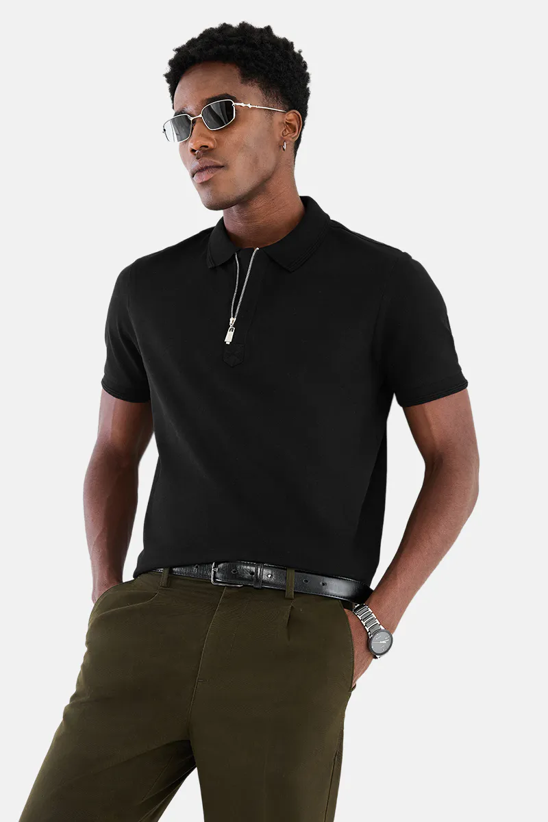 Slim Fit Polo T-Shirt – Classic Black Zip Collar