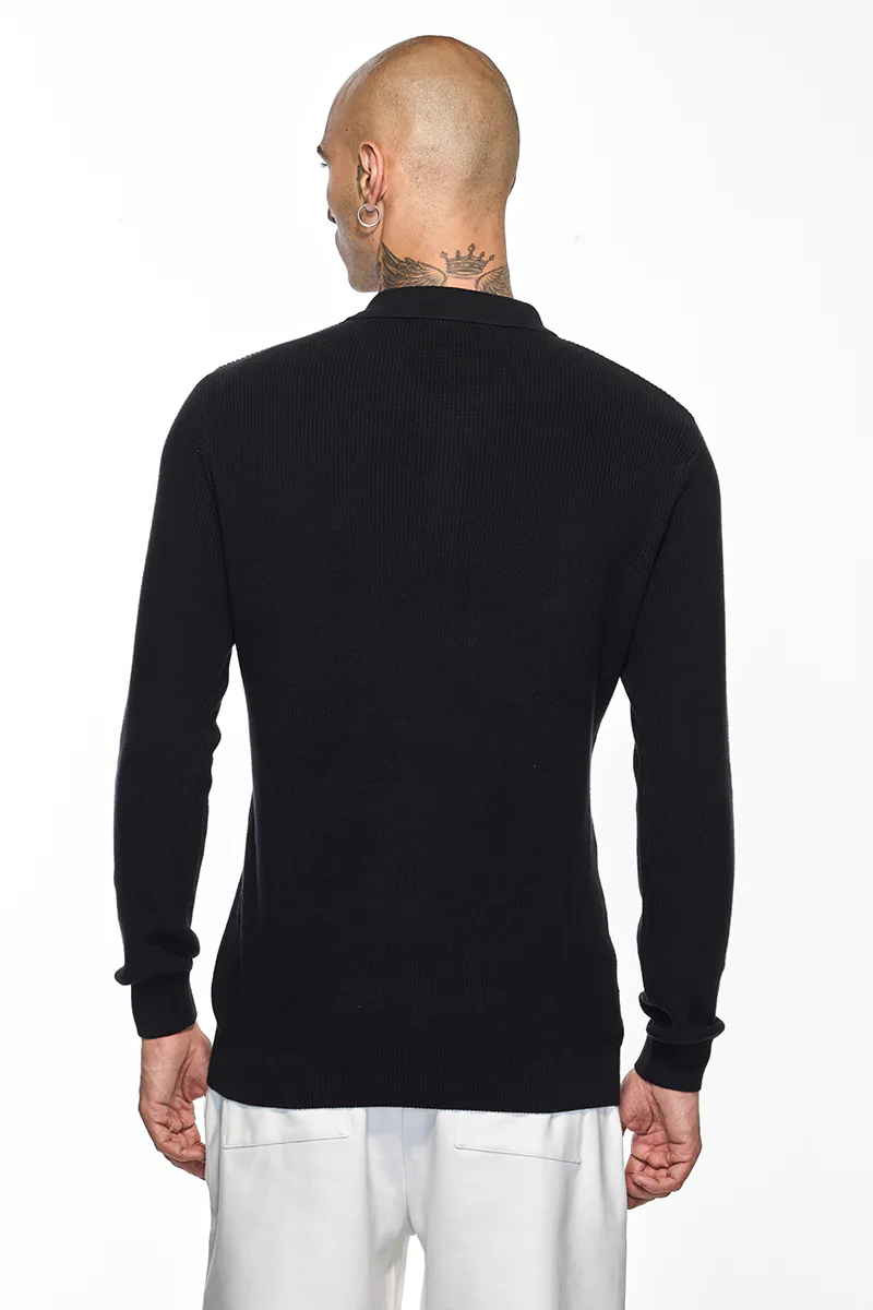 Slim Fit Knit Polo – Black Textured Long Sleeve - view 4