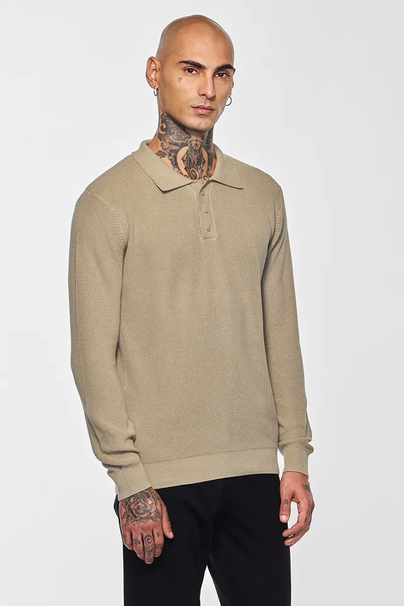 Slim Fit Knit Polo – Beige Textured Long Sleeve - view 2