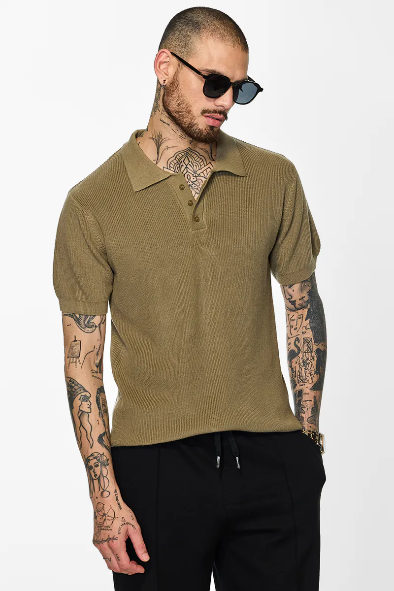 Slim Fit Polo T-Shirt – Textured Olive Brown