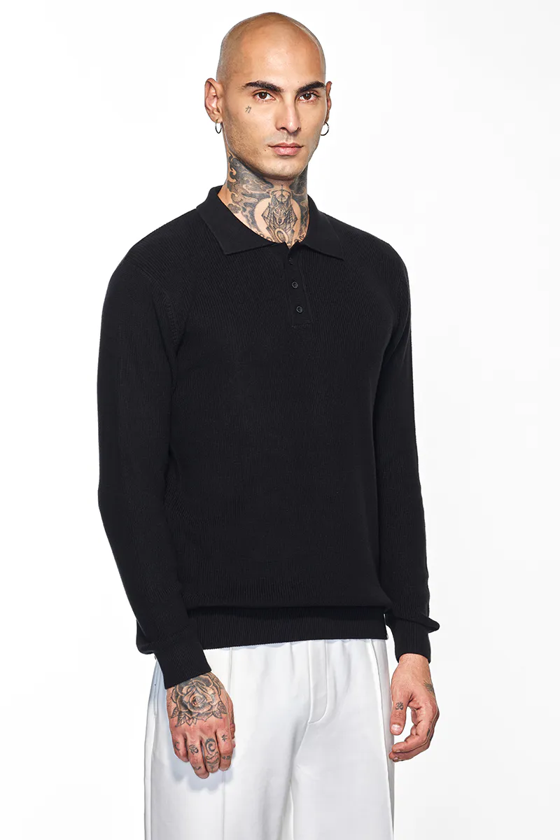 Slim Fit Knit Polo – Black Textured Long Sleeve - view 3