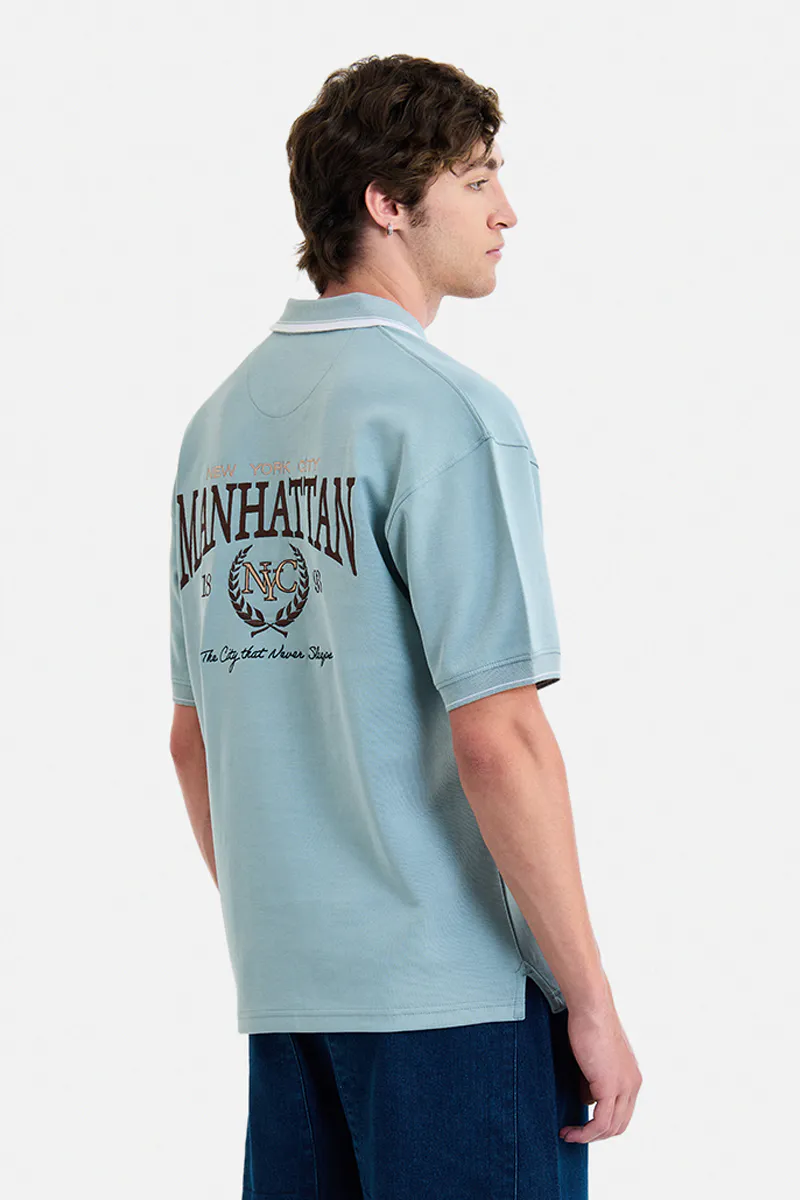 Relaxed Fit Polo T-Shirt – Dusty Blue - view 4