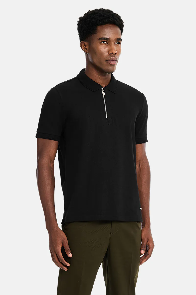 Slim Fit Polo T-Shirt – Classic Black Zip Collar - view 3