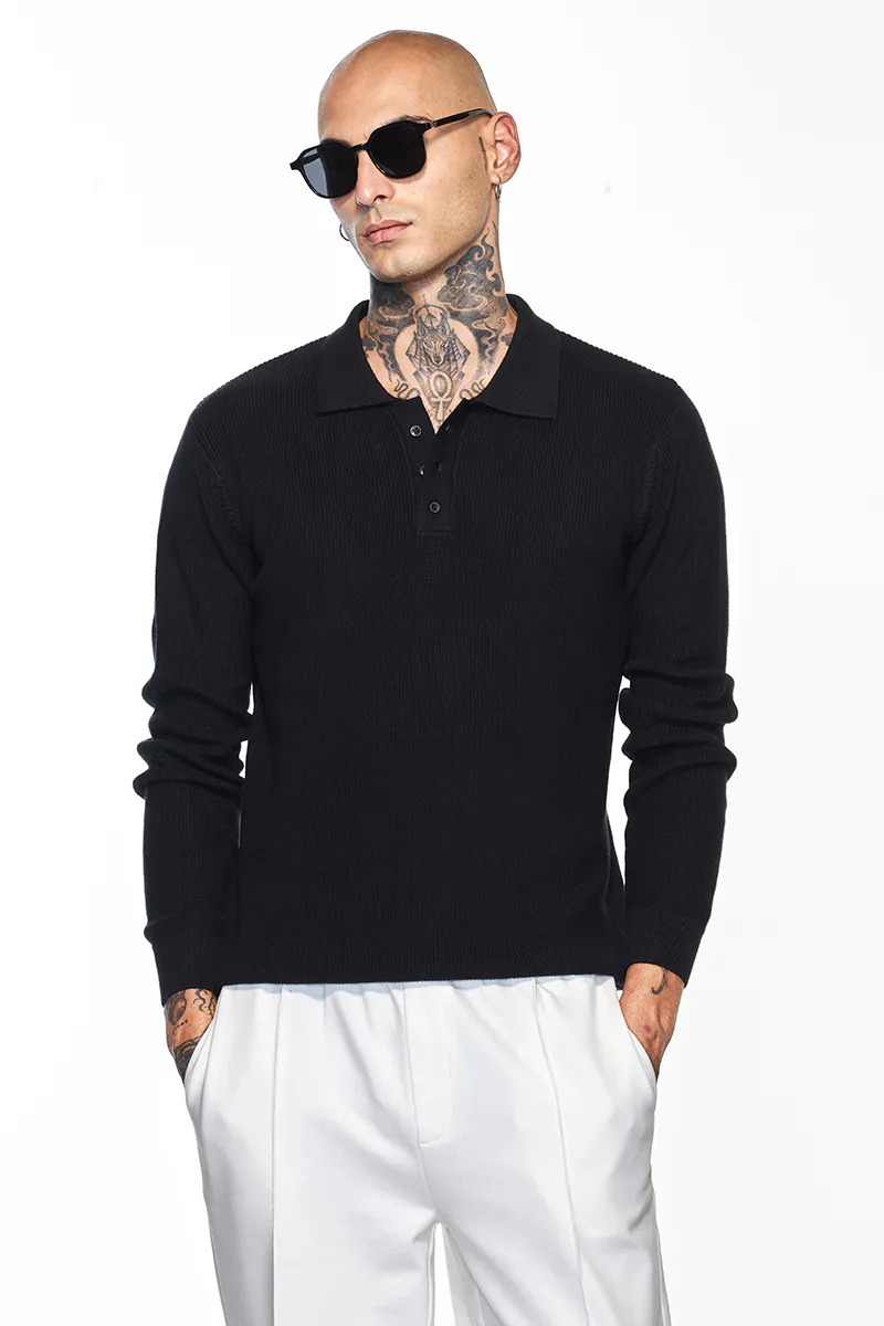 Slim Fit Knit Polo – Black Textured Long Sleeve
