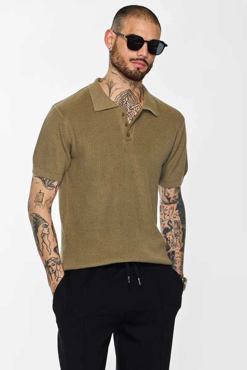 Slim Fit Polo T-Shirt – Textured Olive Brown - view 3