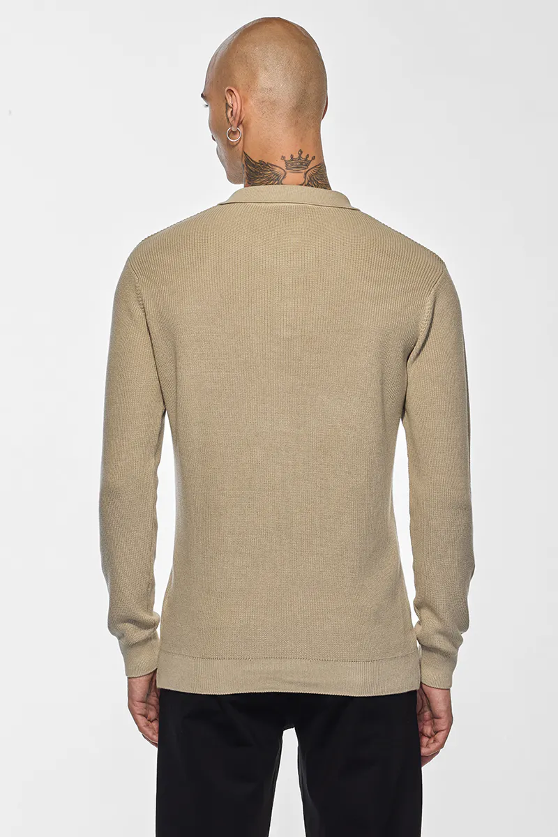 Slim Fit Knit Polo – Beige Textured Long Sleeve - view 3