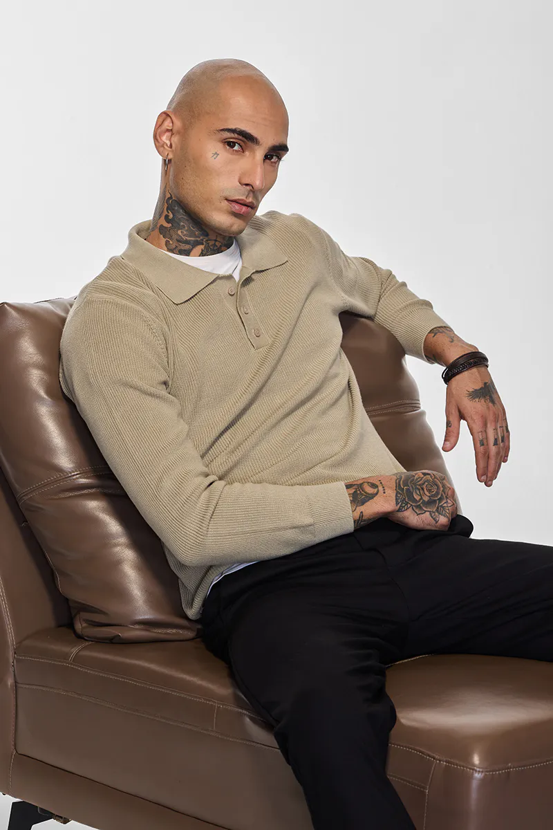 Slim Fit Knit Polo – Beige Textured Long Sleeve